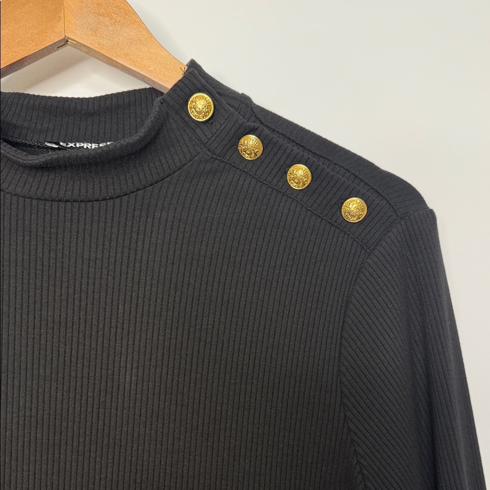 Express Black Ribbed Mock Neck Button-Detail Top … - image 5
